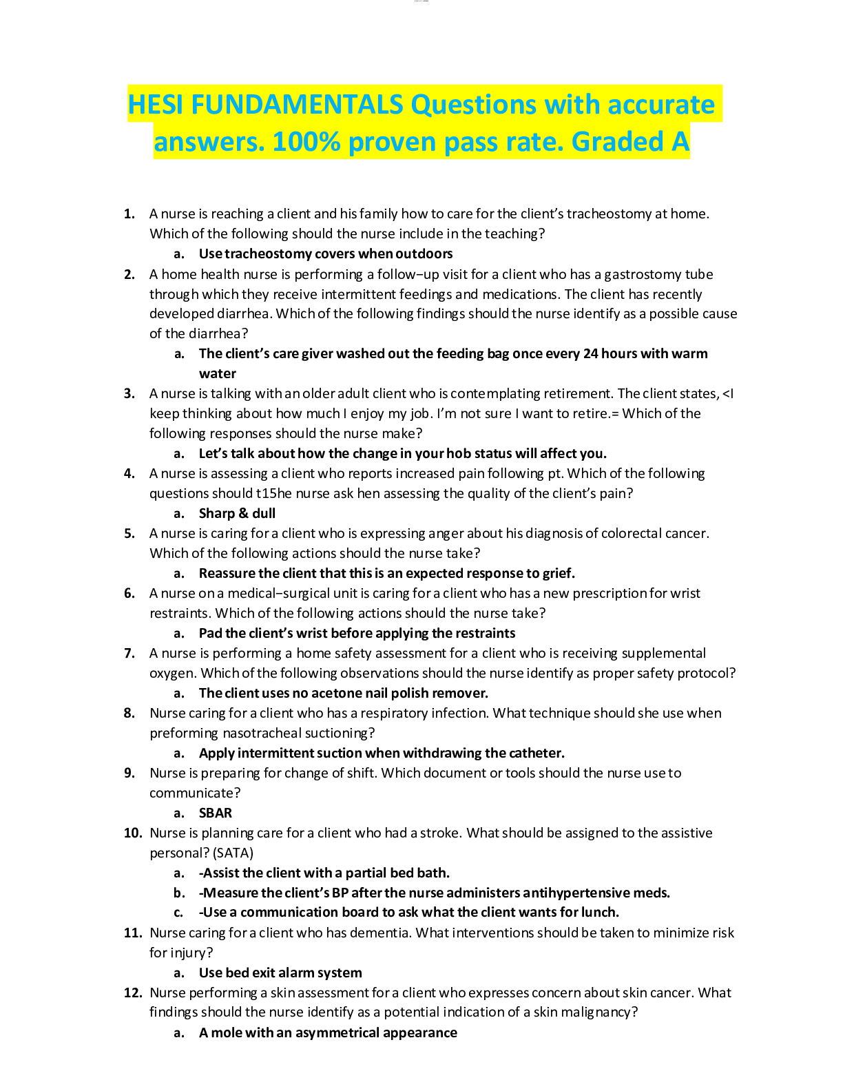 Preview image for HESI FUNDAMENTALS Questions with accurate answers. 100% proven pass rate. Graded A